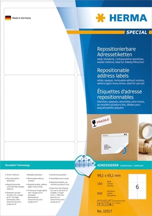 HERMA label removable 99.1 x 93.1 mm, 600 pieces.