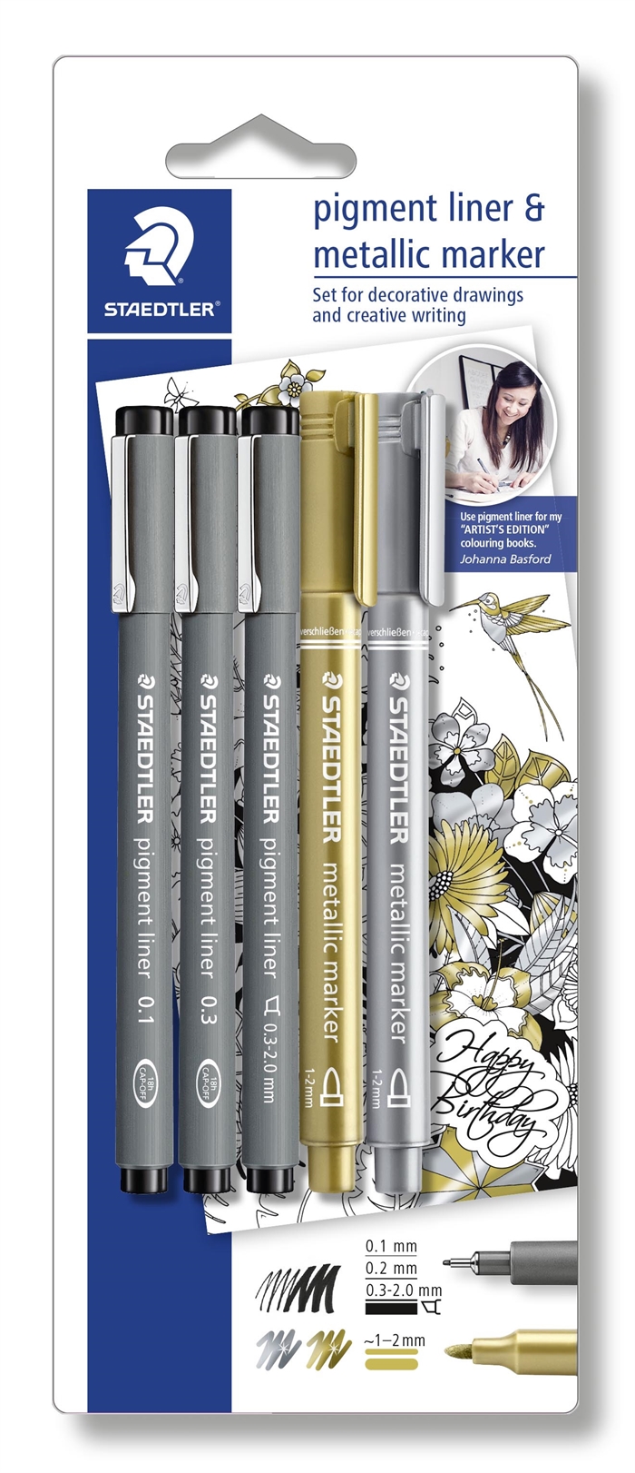 Staedtler Fineliner pigment liner crna + srebrna i zlatna (3+2)