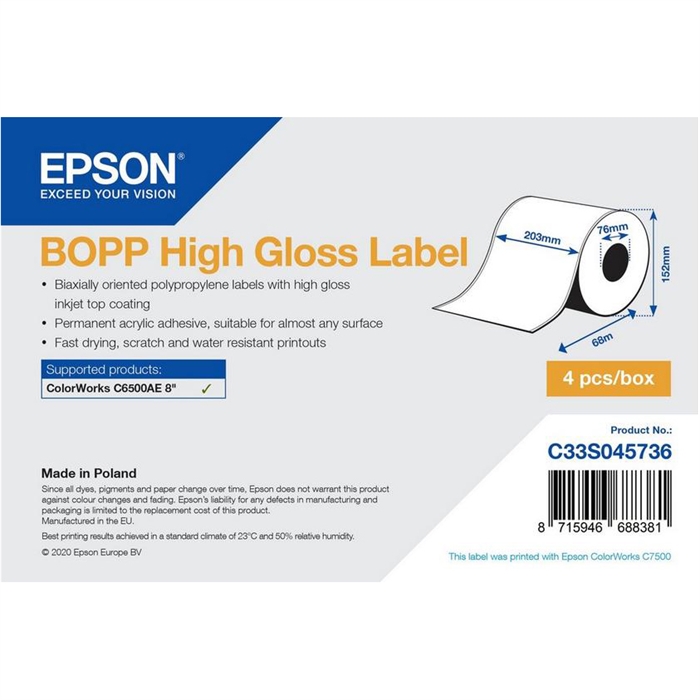 Epson BOPP naljepnica visokog sjaja - kontinuirana rola: 203 mm x 68 m