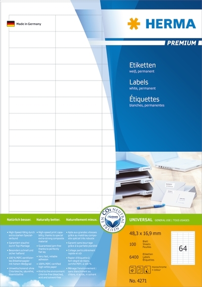 HERMA Premium Label A4 100 48.3 x 16.9 mm, 6400 pieces.