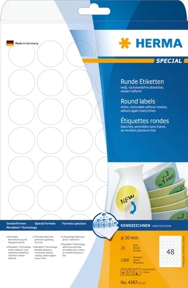 HERMA removable labels ø30 mm, 1200 pcs.