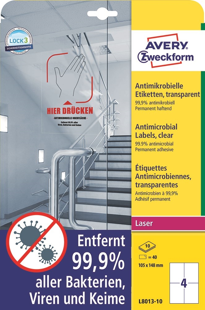 Avery Antimicrobial Labels 105 x 148 transparent mm, 40 pcs.