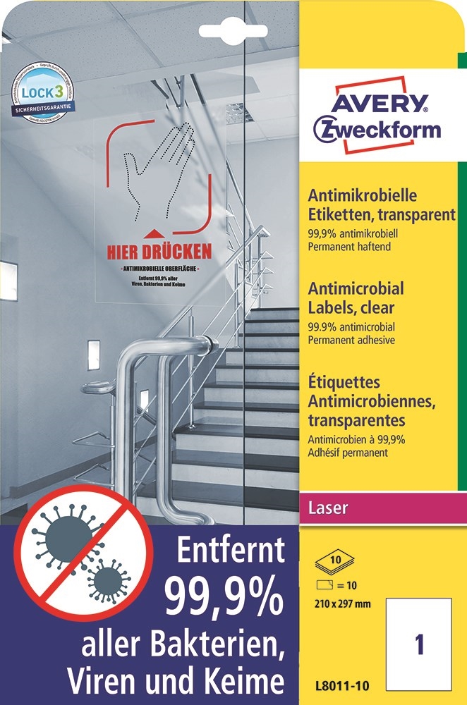 Avery Antimicrobial Labels 210 x 297 transparent mm, 10 pcs.