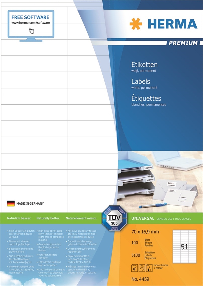 HERMA label Premium A4 100 70 x 16.9 mm, 5100 pieces.