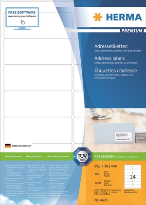 HERMA Premium Label A4 100 sheets 99.1 x 38.1 mm, 1400 pieces.